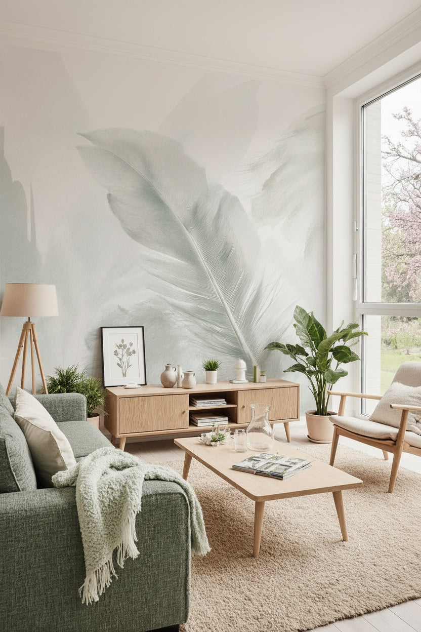 Papier peint panoramique abstrait de plumes aériennes vert d’eau et blanches