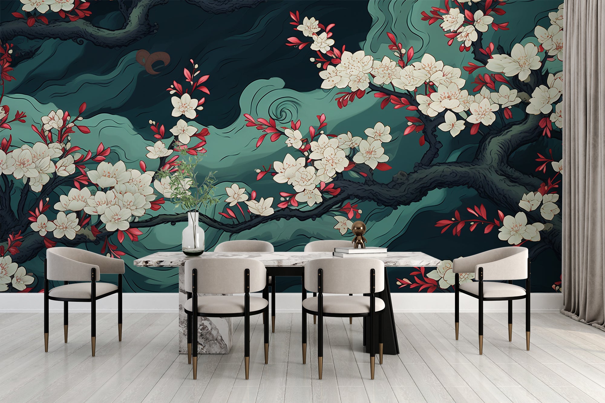 Asian Elegance: Panoramic Floral Wallpaper