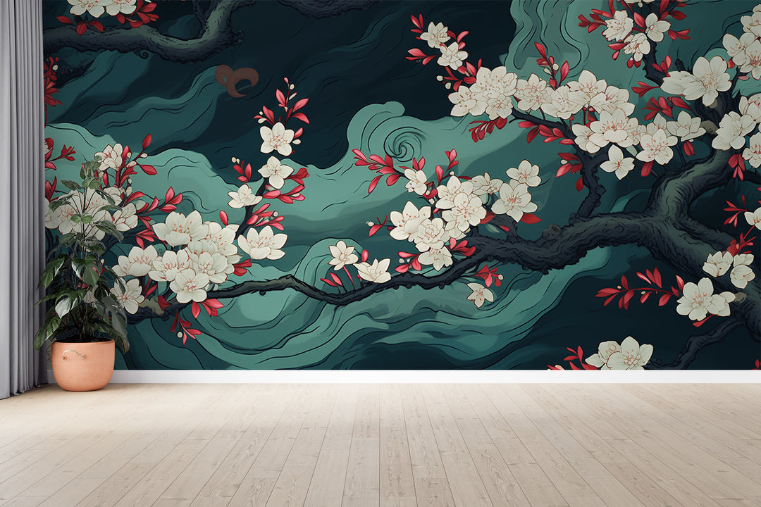 Asian Elegance: Panoramic Floral Wallpaper