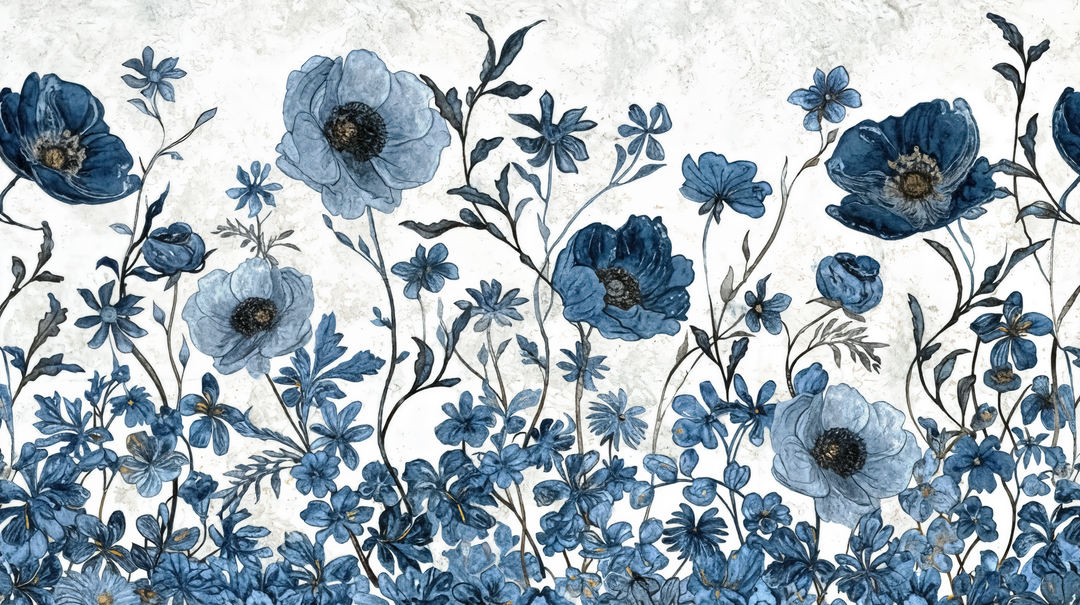 Éclat floral bleu - papier peint panoramique, motif à plat