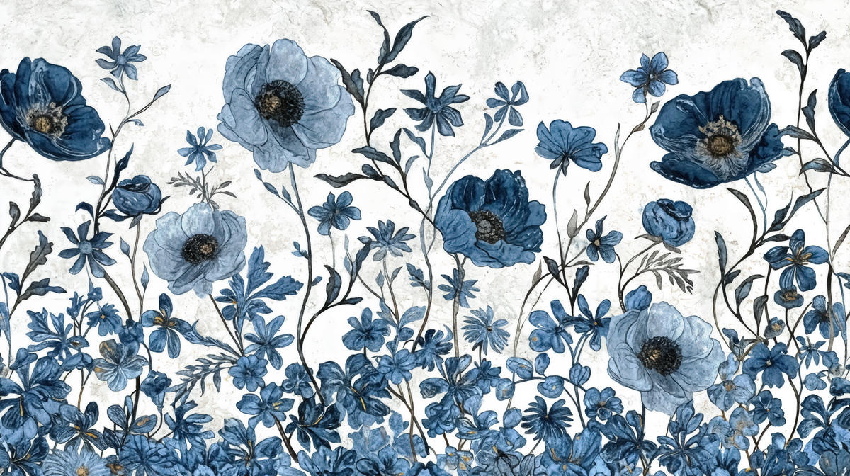 Éclat floral bleu - papier peint panoramique, motif à plat