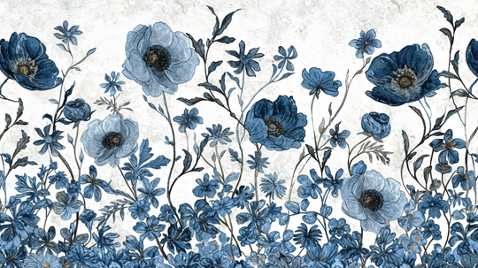 Éclat floral bleu - papier peint panoramique, motif à plat