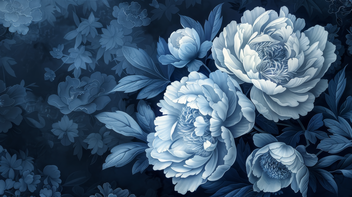 Elégance des pivoines en bleu nuit - papier peint panoramique, motif à plat