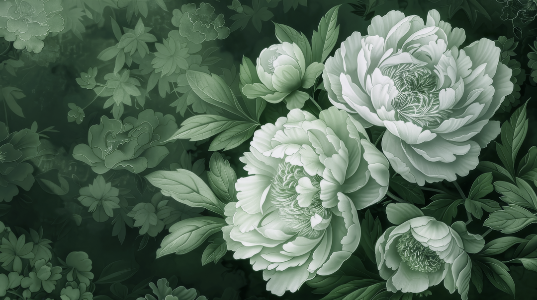 Elégance des pivoines en vert sauge - papier peint panoramique, motif à plat
