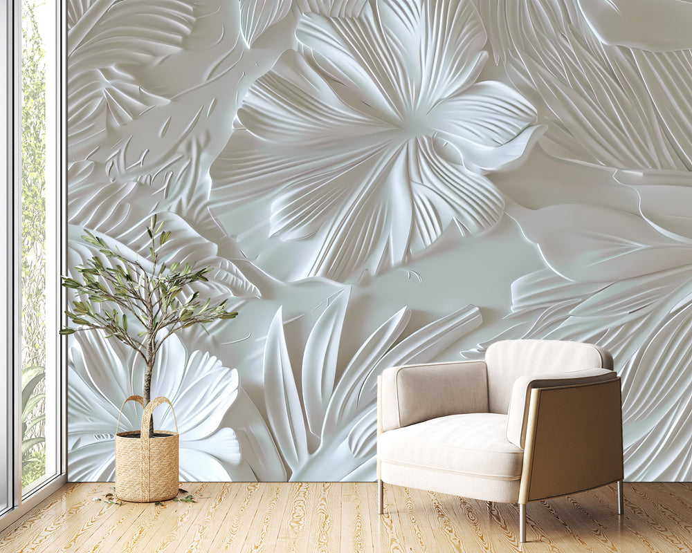 White 3D Foliage – Textured Wall Decor