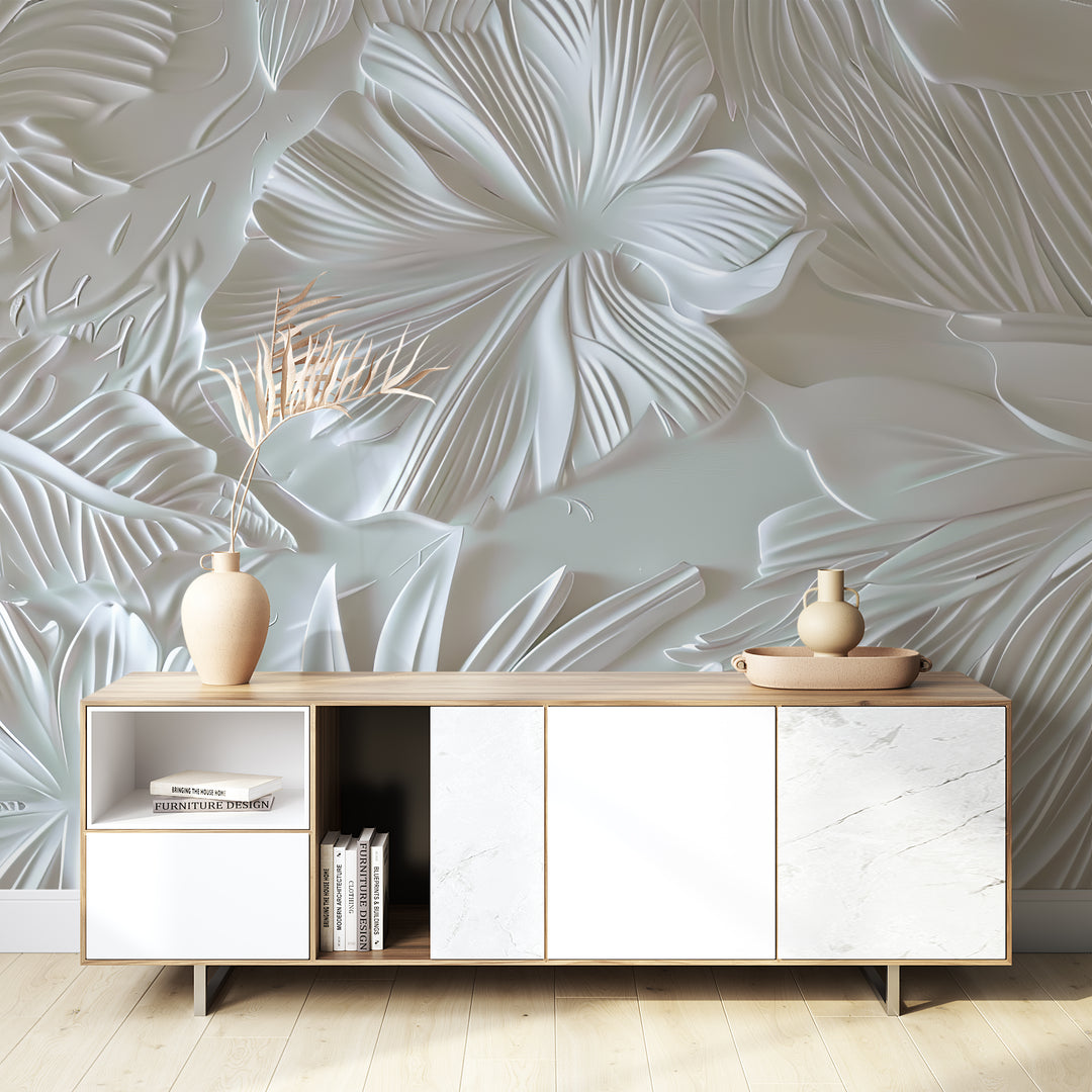 White 3D Foliage – Textured Wall Decor