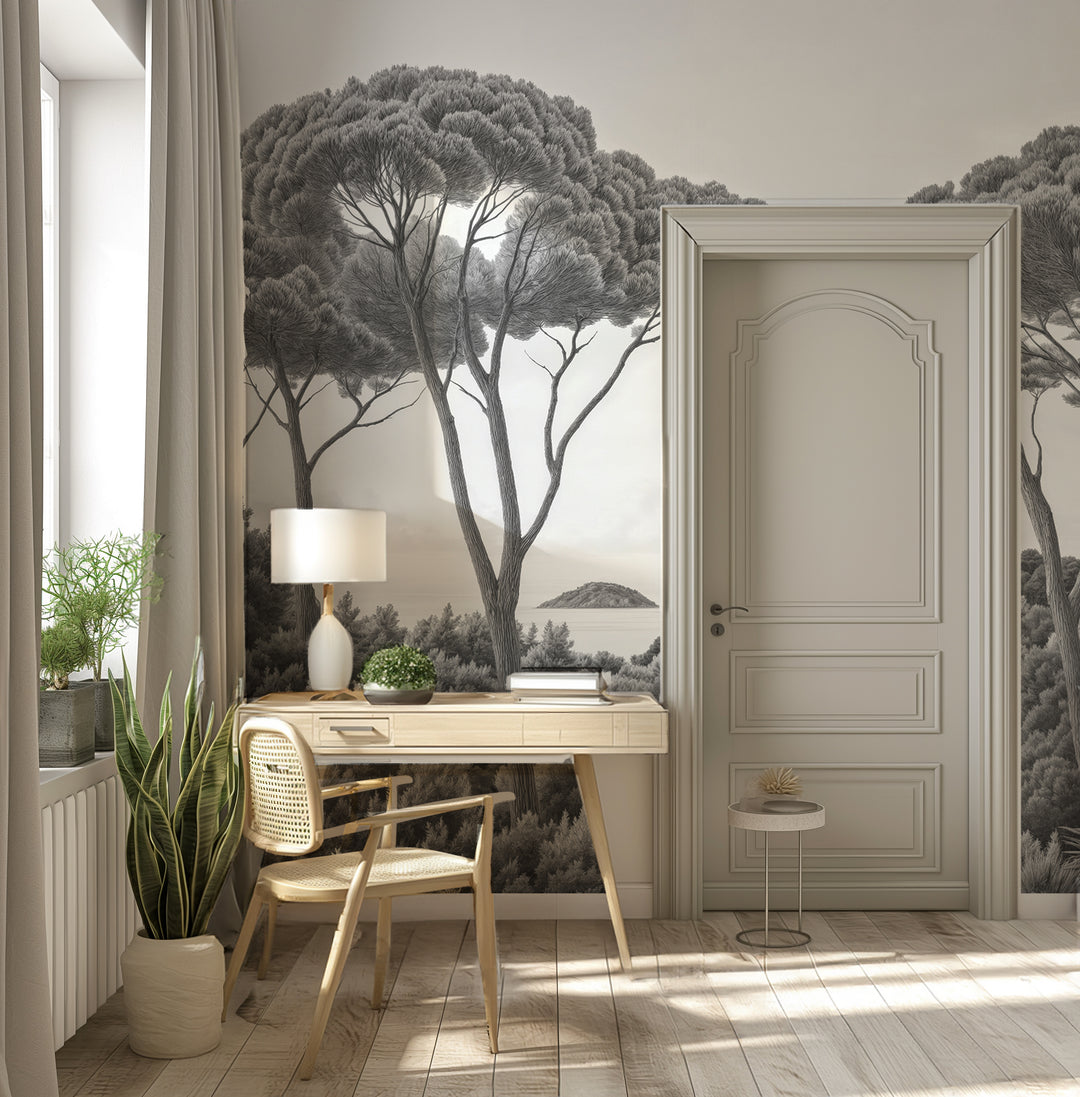 Entre pins et mer – Papier peint forêt méditerranéenne en noir et blanc