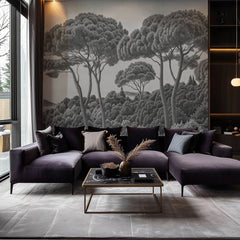 Entre pins et mer – Papier peint forêt méditerranéenne en noir et blanc