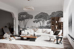 Entre pins et mer – Papier peint forêt méditerranéenne en noir et blanc