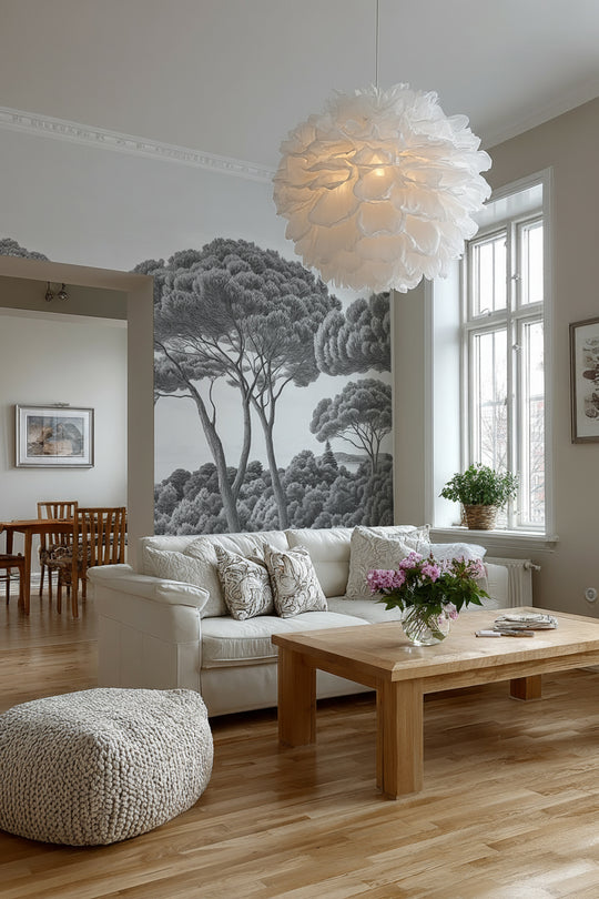 Entre pins et mer – Papier peint forêt méditerranéenne en noir et blanc