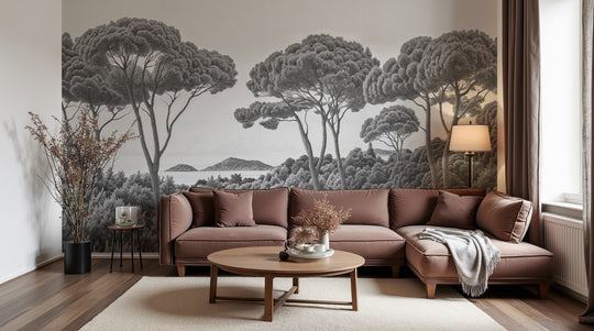 Entre pins et mer – Papier peint forêt méditerranéenne en noir et blanc