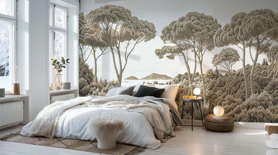 Entre pins et mer – Papier peint forêt méditerranéenne en sépia