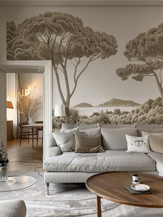 Entre pins et mer – Papier peint forêt méditerranéenne en sépia