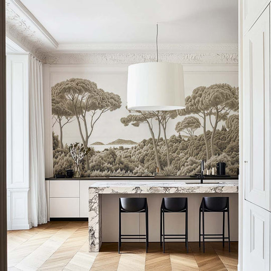 Entre pins et mer – Papier peint forêt méditerranéenne en sépia