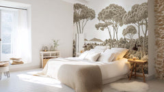 Entre pins et mer – Papier peint forêt méditerranéenne en sépia