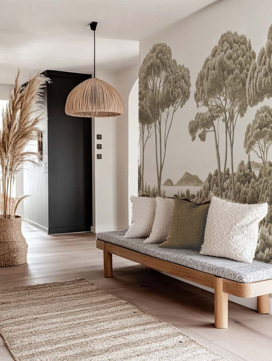 Entre pins et mer – Papier peint forêt méditerranéenne en sépia