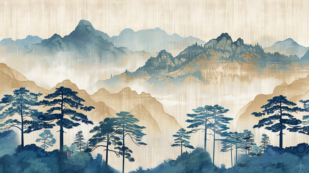 Évasion asiatique : Silhouettes de Montagnes et Forêt