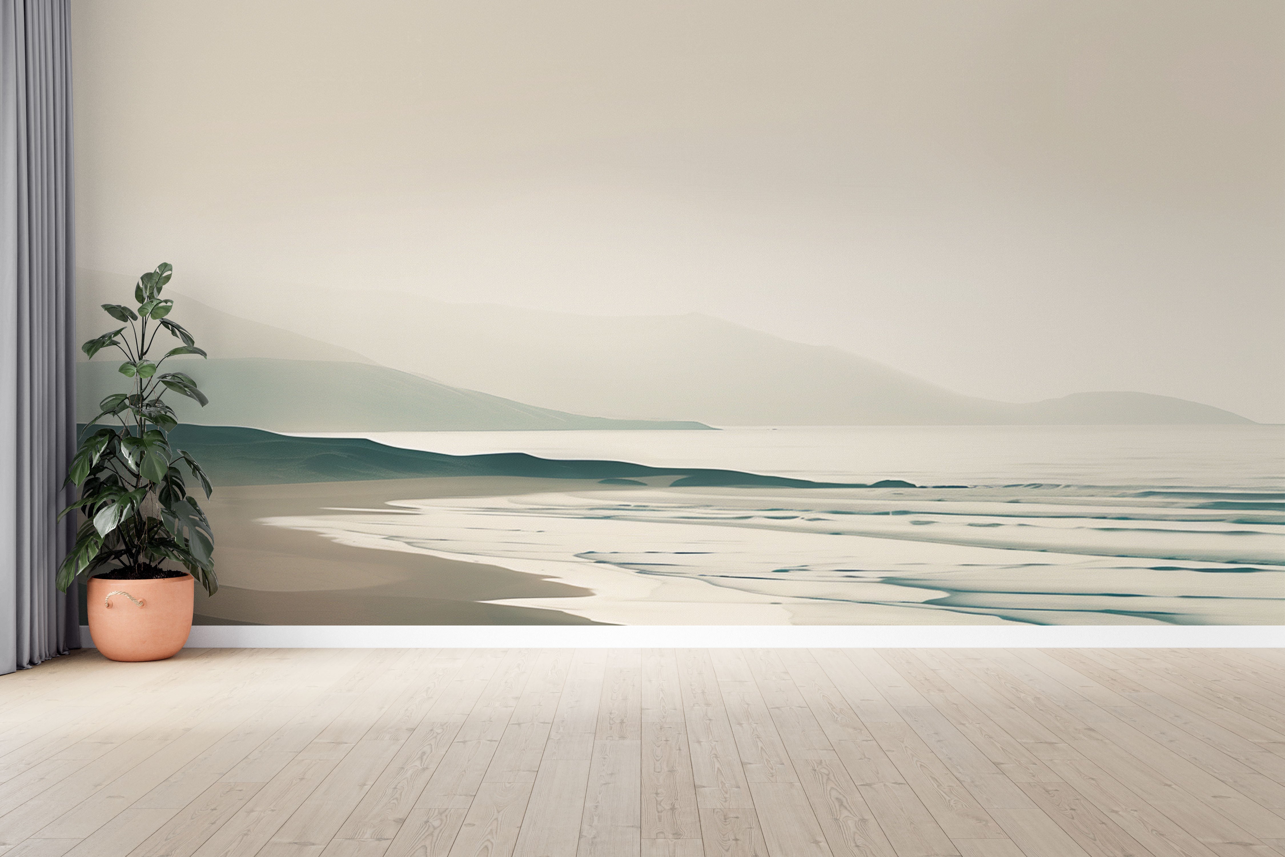 Facing the Ocean – Beach and Mountains Wallpaper in Mist