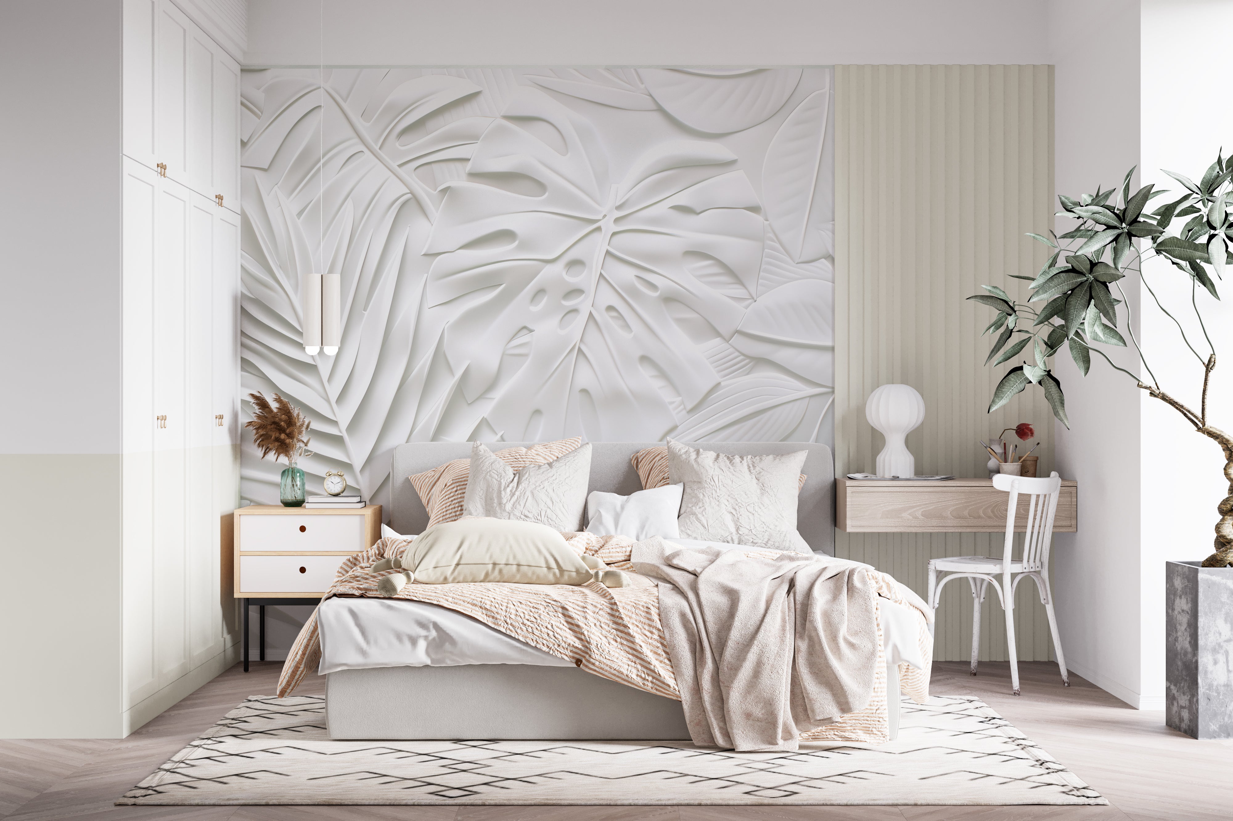 Feuillage 3D Blanc – Décor Mural Texturé