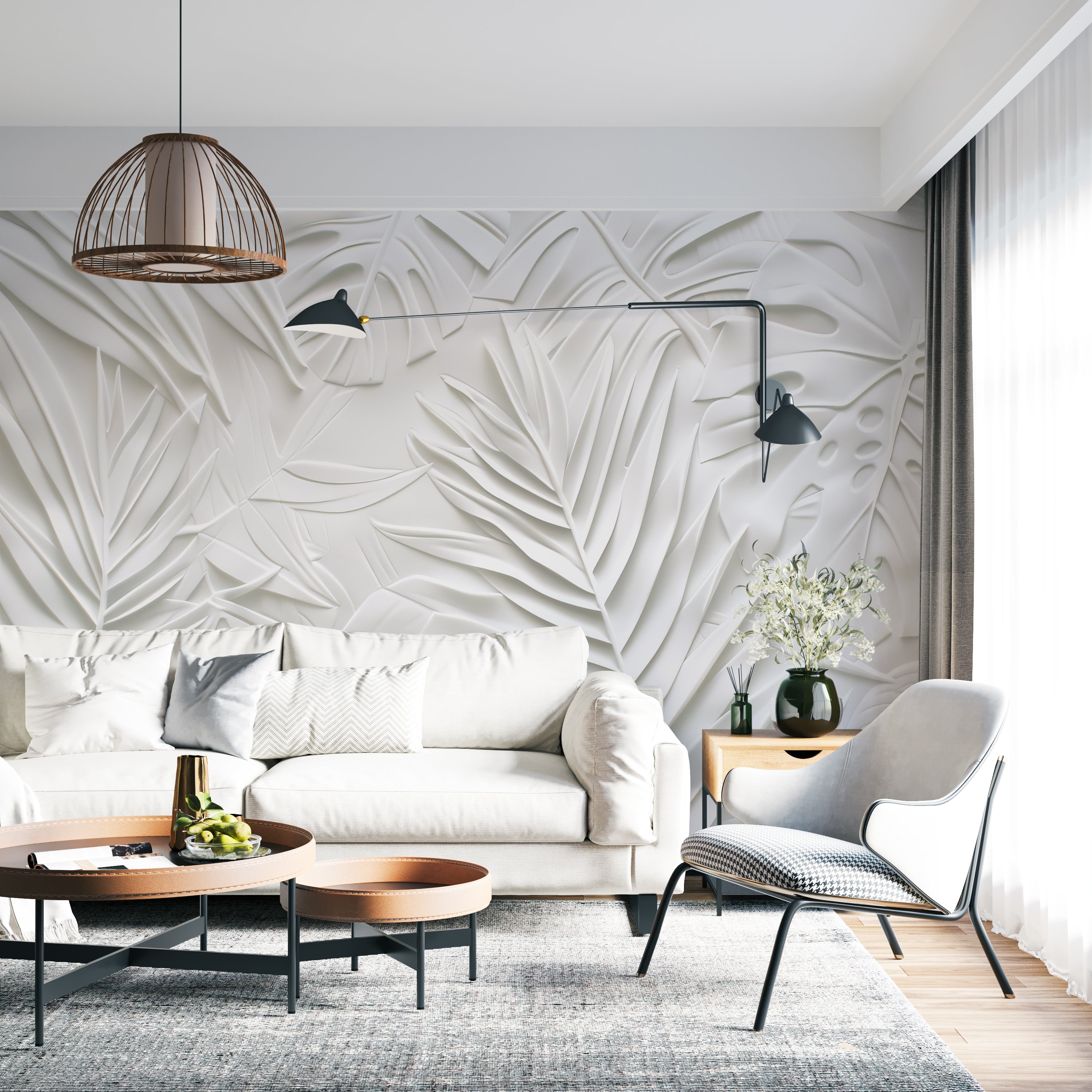 White 3D Foliage – Textured Wall Decor