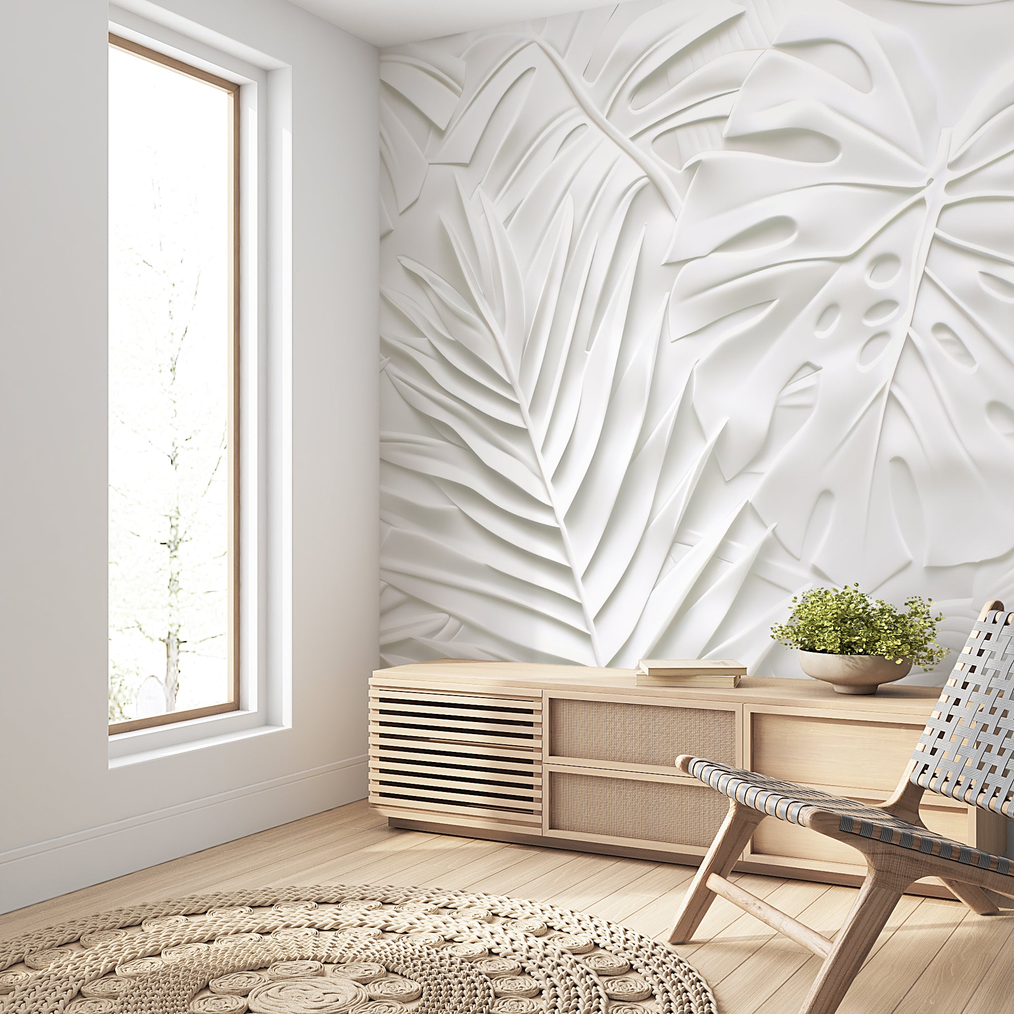 Weißes 3D-Laub – Strukturierte Wanddekoration
