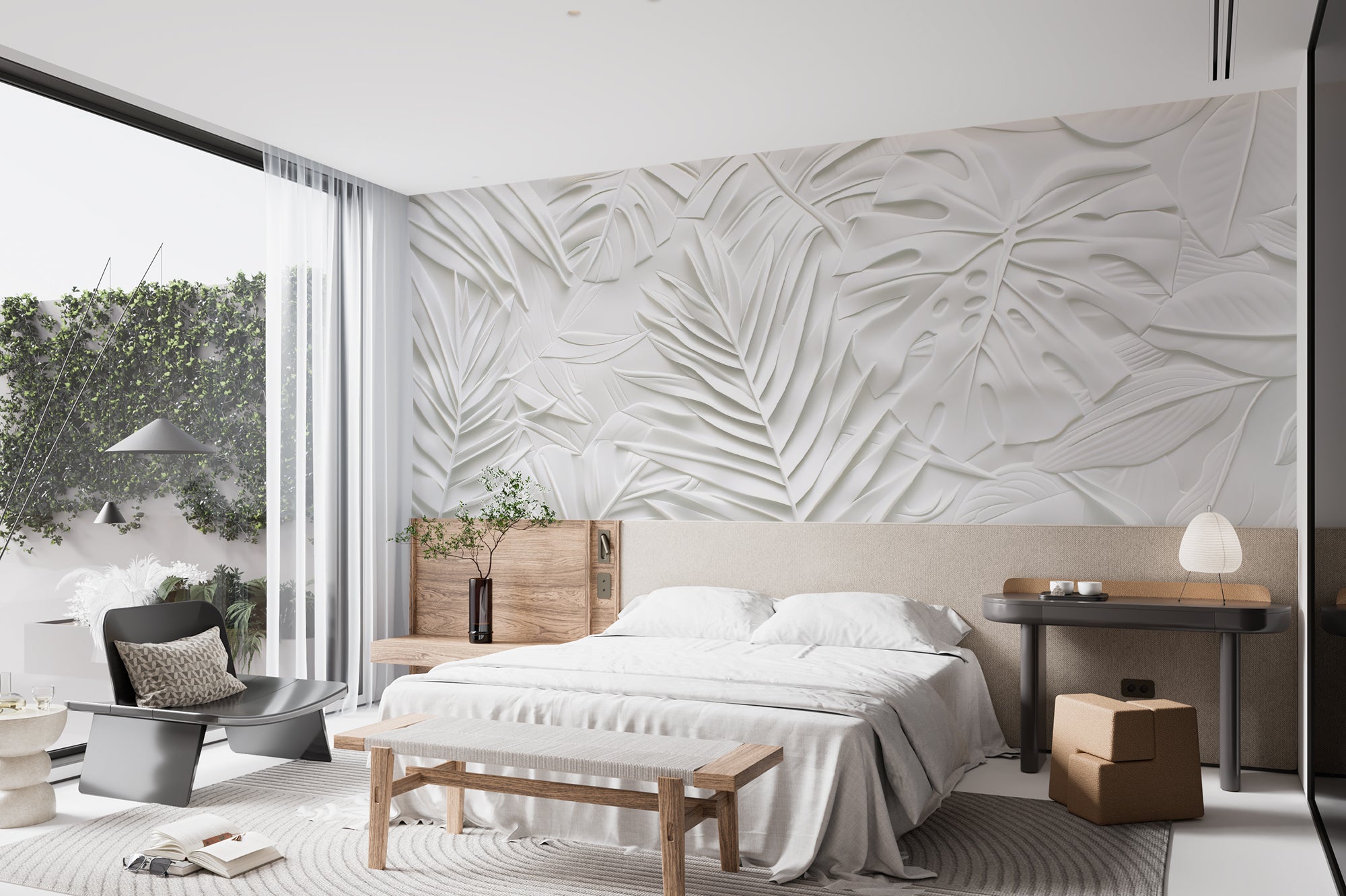 White 3D Foliage – Textured Wall Decor