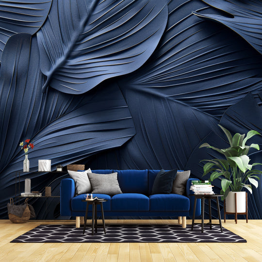 Midnight Blue Velvet 3D Foliage – Panorama-Tapete 