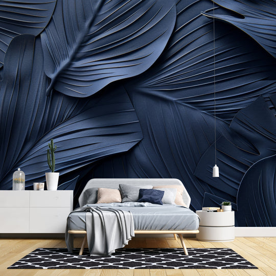 Midnight Blue Velvet 3D Foliage - Panoramic Wallpaper 