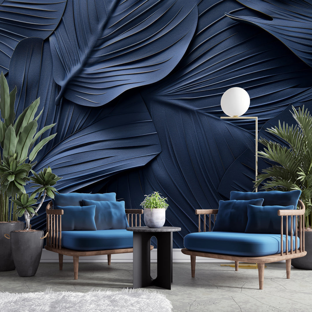 Midnight Blue Velvet 3D Foliage - Panoramic Wallpaper 