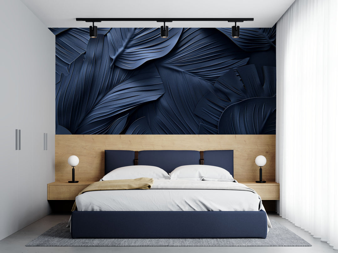 Midnight Blue Velvet 3D Foliage - Panoramic Wallpaper 