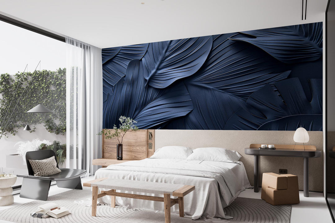 Midnight Blue Velvet 3D Foliage - Panoramic Wallpaper 