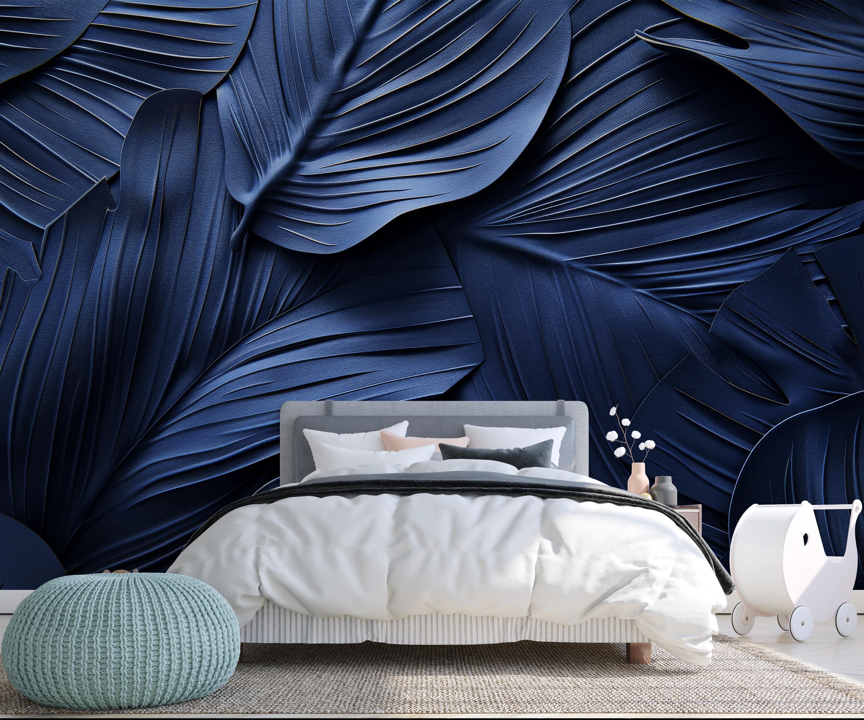 Midnight Blue Velvet 3D Foliage - Panoramic Wallpaper 