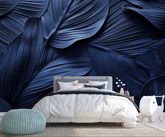 Midnight Blue Velvet 3D Foliage - Panoramic Wallpaper 