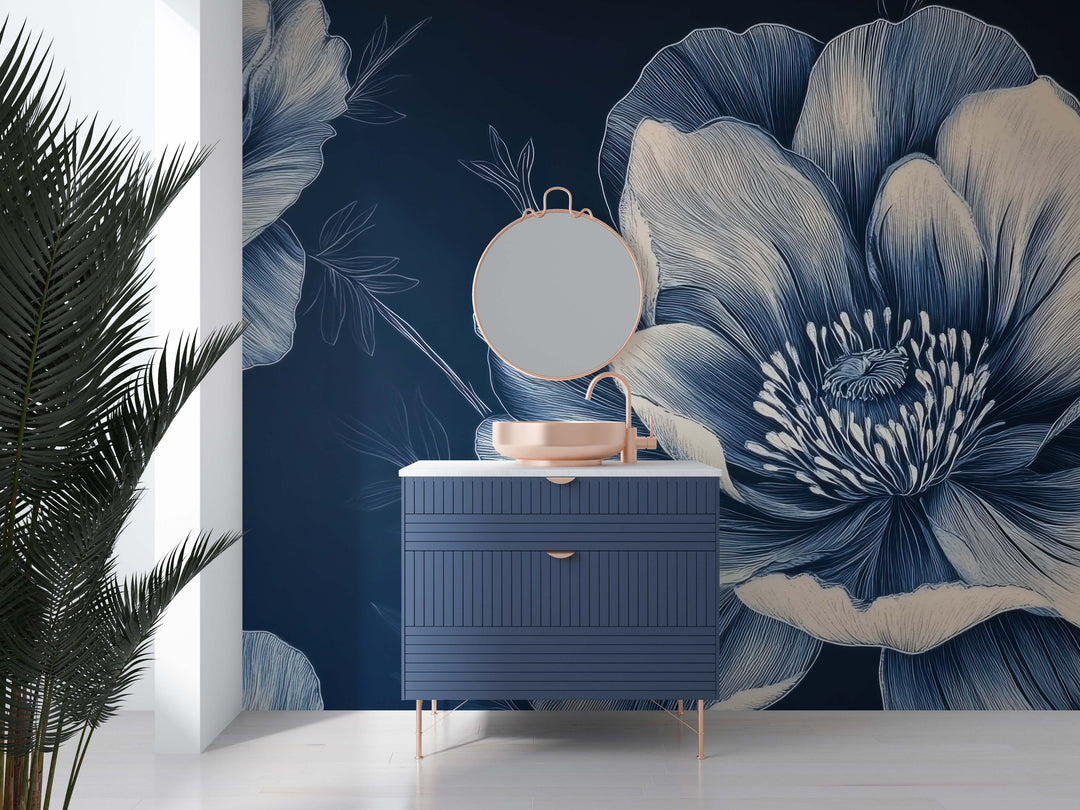 Fleurs de Minuit - Papier Peint Bleu Profond | Élégance Intemporelle