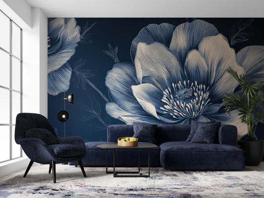Fleurs de Minuit - Papier Peint Bleu Profond | Élégance Intemporelle