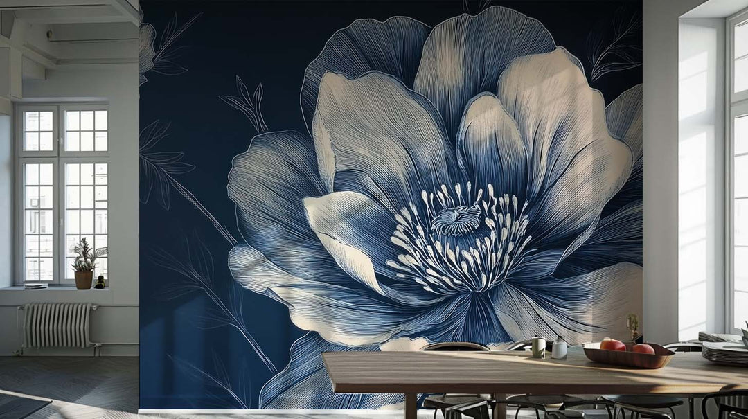 Fleurs de Minuit - Papier Peint Bleu Profond | Élégance Intemporelle