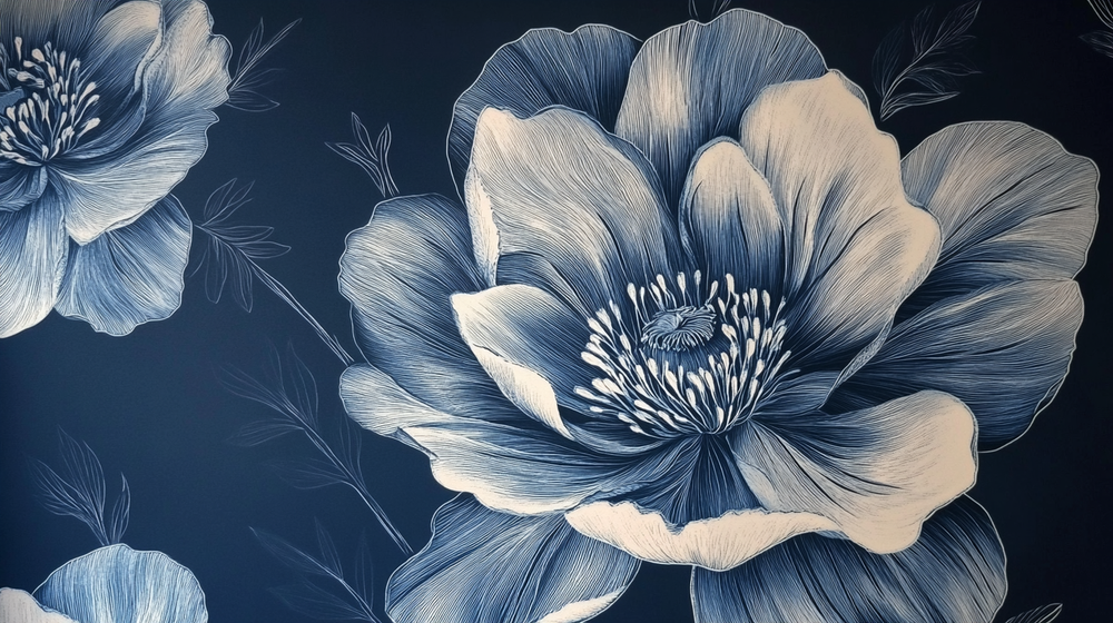 Fleurs de Minuit - Papier Peint Bleu Profond | Élégance Intemporelle