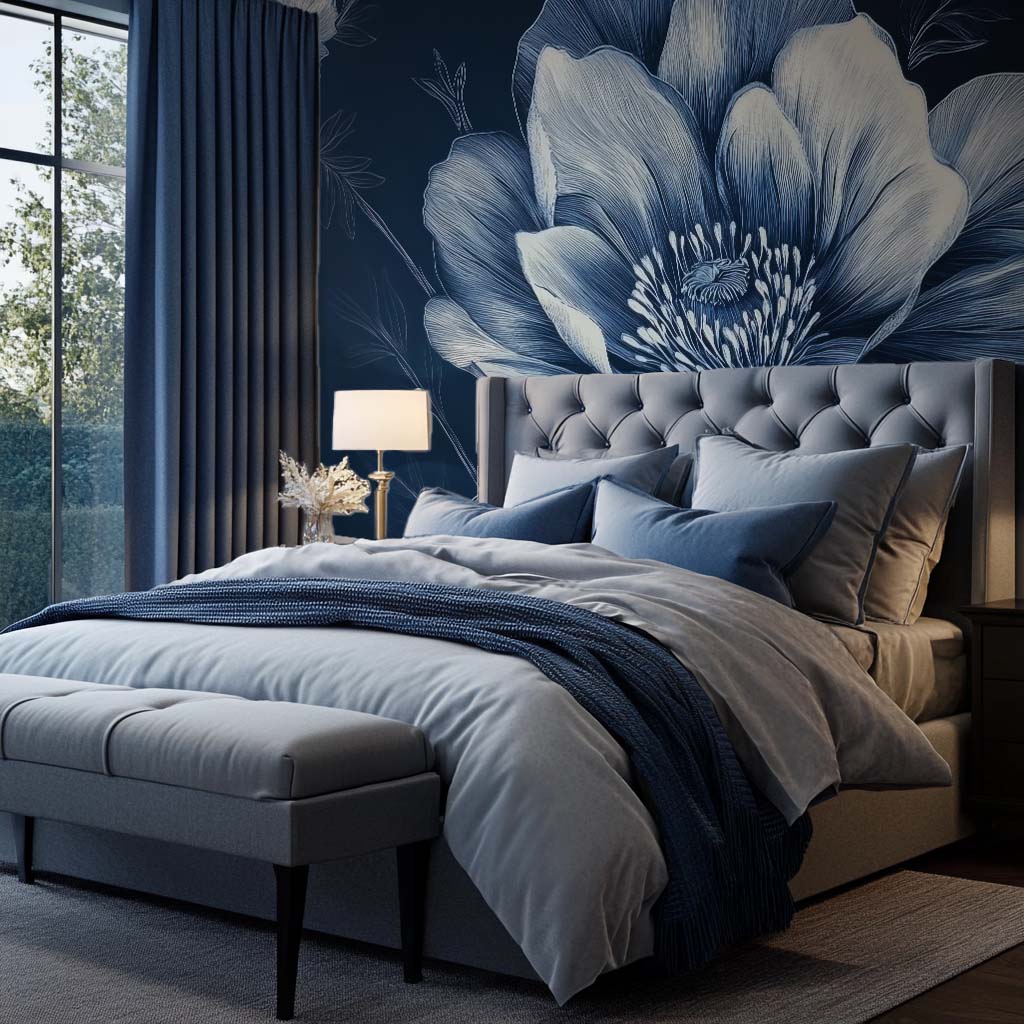 Fleurs de Minuit - Papier Peint Bleu Profond | Élégance Intemporelle