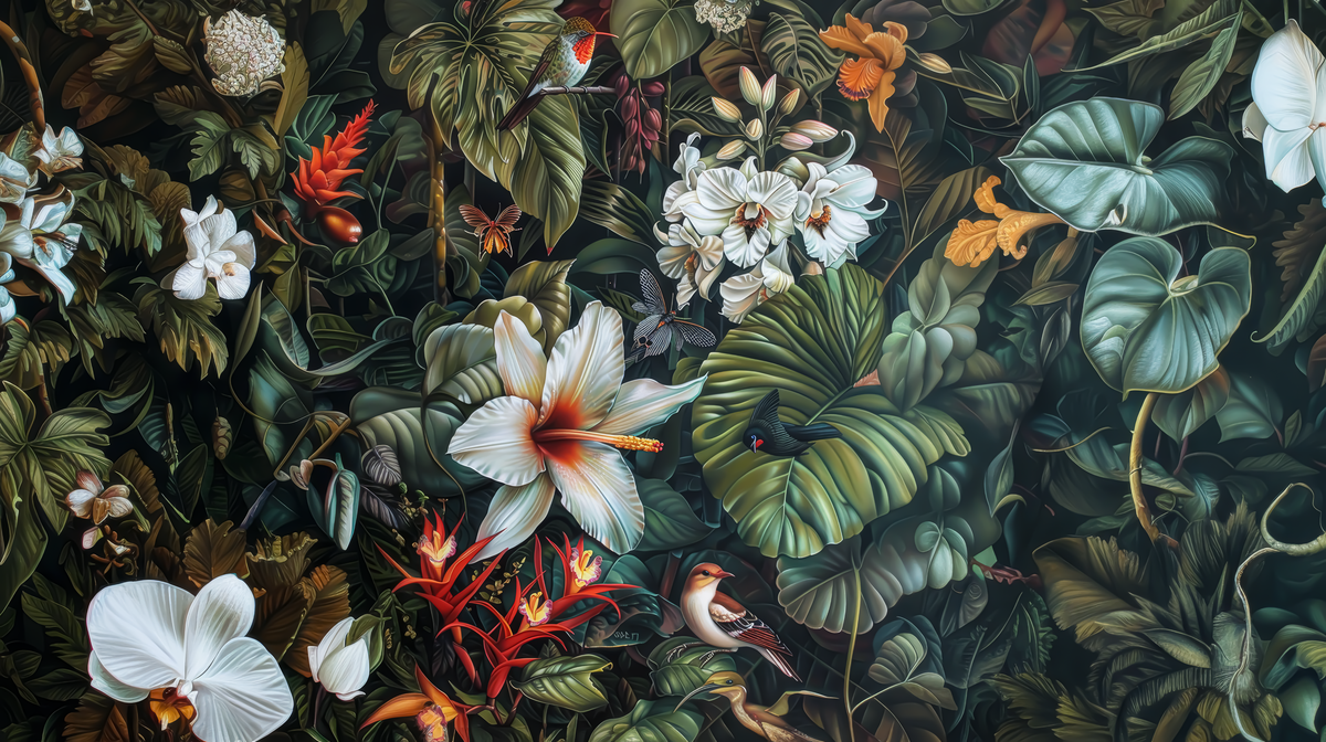 Floraison Exotique - papier peint panoramique, motif à plat