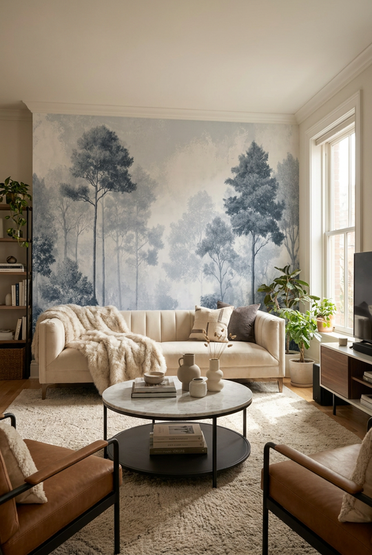 Papier peint panoramique forêt brumeuse en bleu gris avec grands arbres élancés