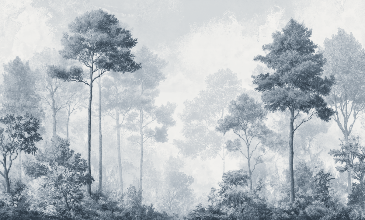Forêt des Silences en bleu gris - papier peint panoramique, motif à plat