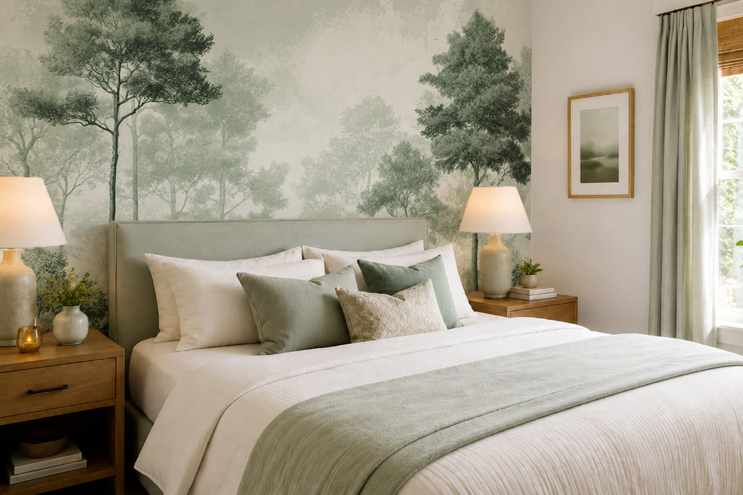 Chambre au linge de lit vert sauge avec papier peint forêt de pins dans la brume