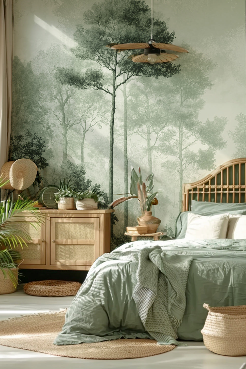 Chambre bohème en rotin habillée d'un papier peint forêt de pins vert sauge