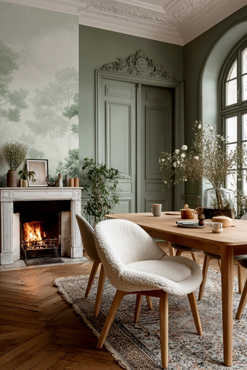 Salle à manger avec cheminée et papier peint panoramique forêt vert sauge