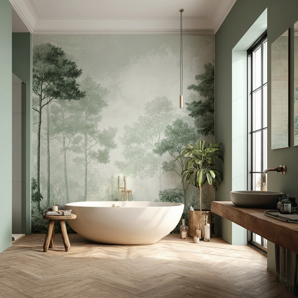 Salle de bain avec baignoire îlot et papier peint panoramique forêt vert sauge