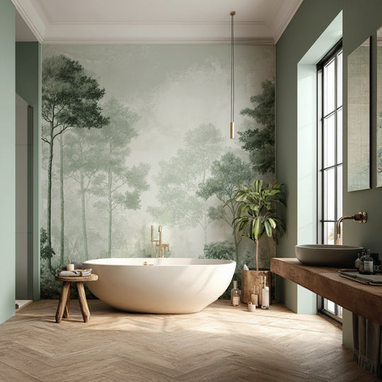 Salle de bain avec baignoire îlot et papier peint panoramique forêt vert sauge
