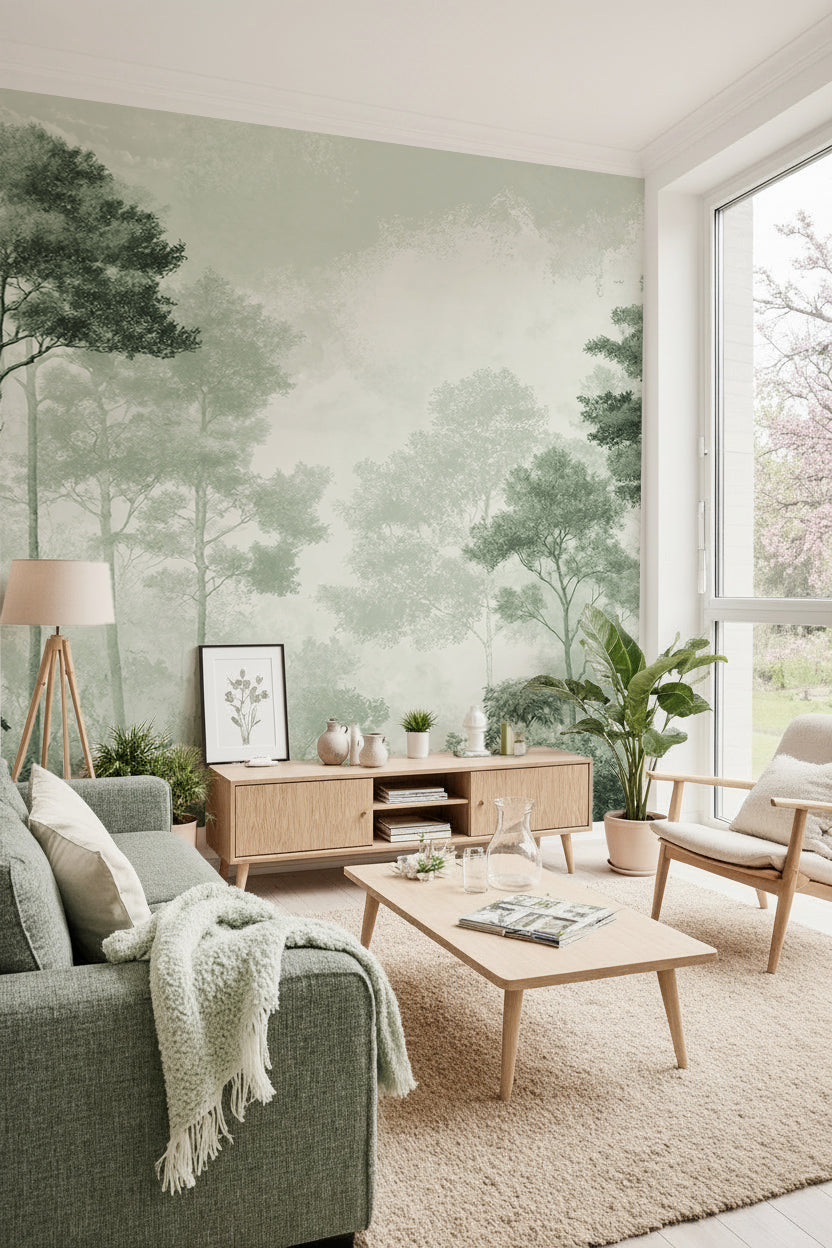 Salon au canapé vert sauge devant un papier peint panoramique de grands pins brumeux