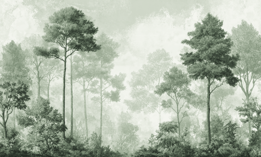Forêt des Silences vert sauge - papier peint panoramique, motif à plat
