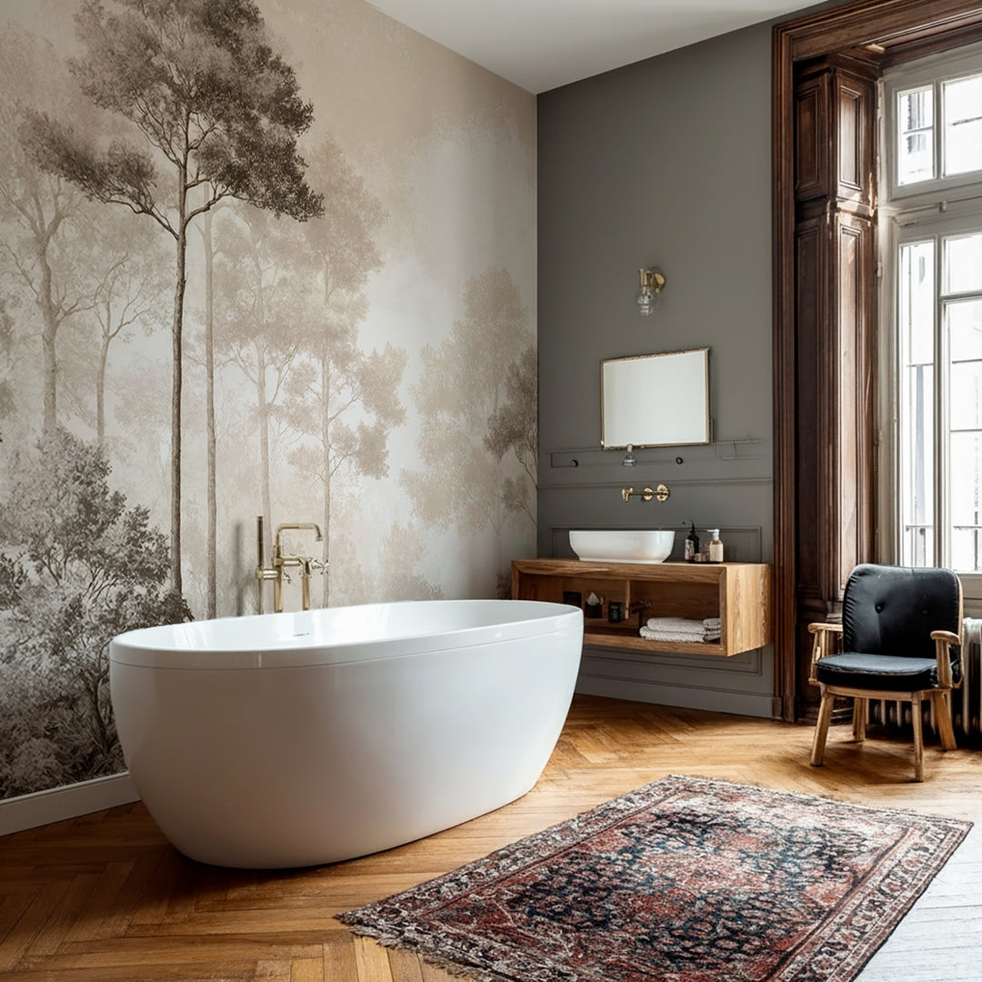 Forêt des Silences – Papier Peint Arbres Enveloppés de Brume Douce en Sépia