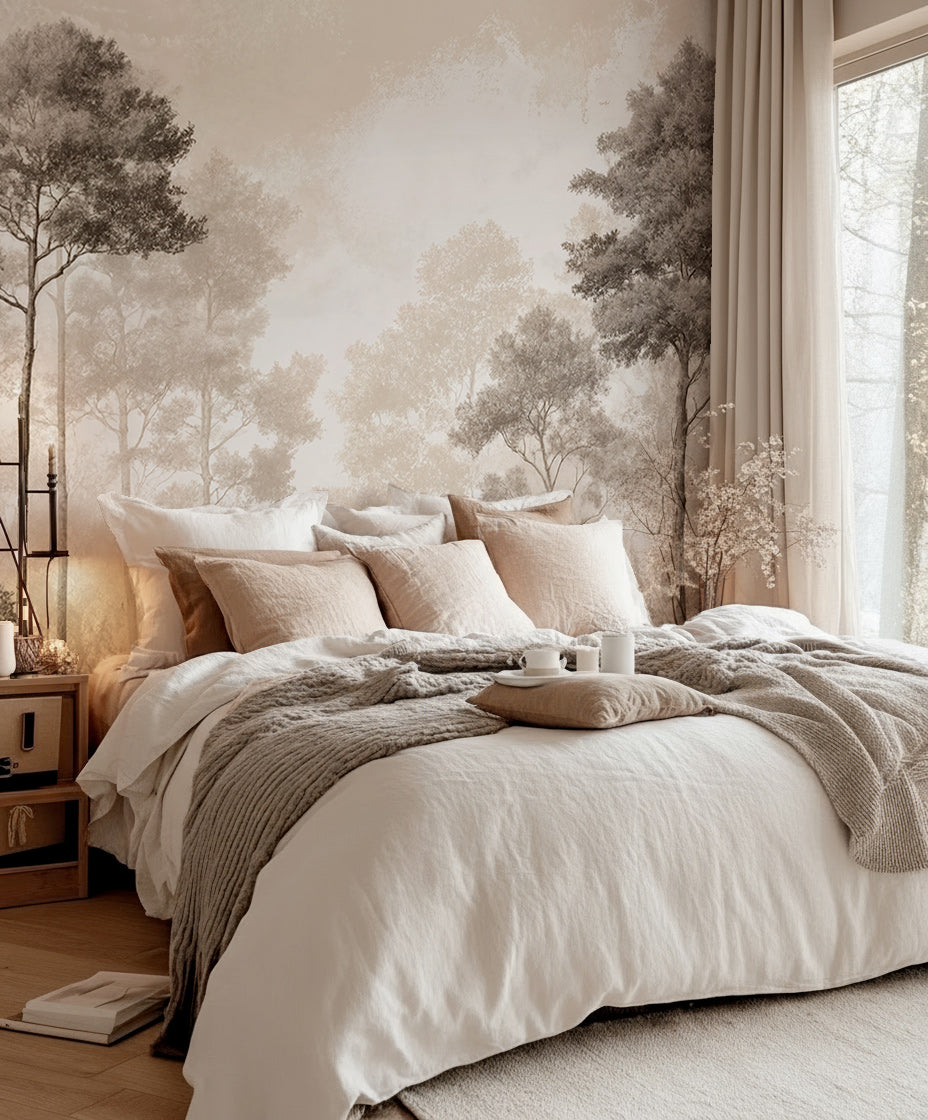 Forêt des Silences – Papier Peint Arbres Enveloppés de Brume Douce en Sépia